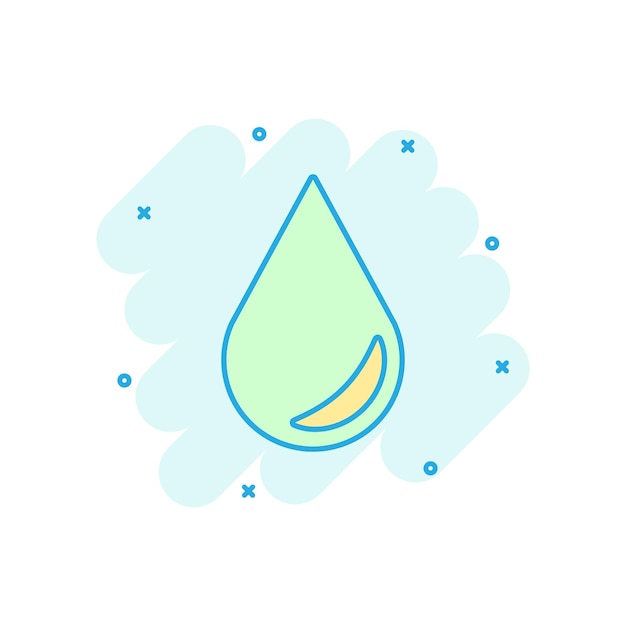 Icono de gota de agua en estilo cómico Gota de lluvia pictograma de dibujos animados vectorial Concepto de negocio de gotas de agua efecto de salpicaduras