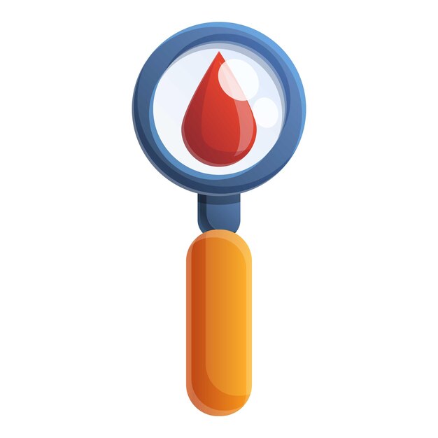 Icono de gota de sangre debajo de la lupa Icono vectorial de gotas de sangre bajo la lupa para el diseño web aislado sobre fondo blanco