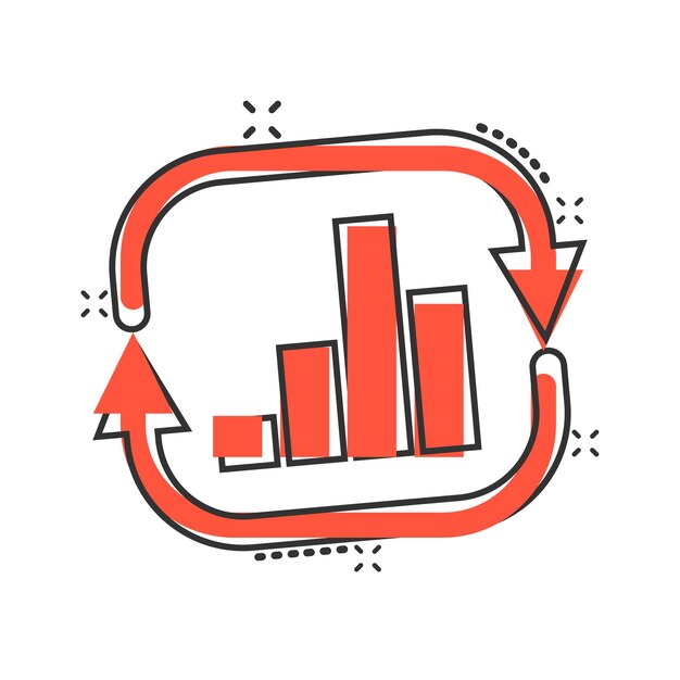Icono de gráfico de barras creciente en estilo cómico Aumentar la ilustración de vector de dibujos animados de flecha sobre fondo blanco aislado Concepto de negocio de efecto de salpicadura de progreso infográfico