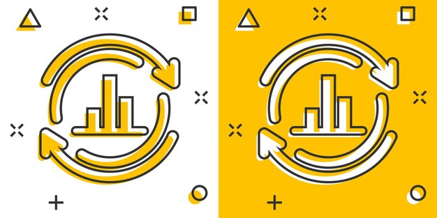 Icono de gráfico de barras creciente en estilo cómico Aumentar la ilustración de vector de dibujos animados de flecha sobre fondo blanco aislado Concepto de negocio de efecto de salpicadura de progreso infográfico
