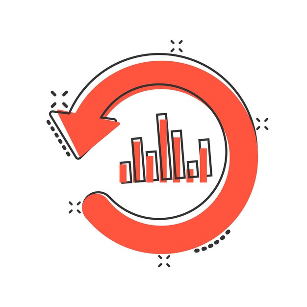 Icono de gráfico de barras creciente en estilo cómico Aumentar la ilustración de vector de dibujos animados de flecha sobre fondo blanco aislado Concepto de negocio de efecto de salpicadura de progreso infográfico