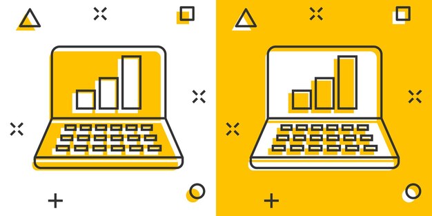 Icono de gráfico de computadora portátil en estilo cómico Ilustración de vector de dibujos animados de datos SEO sobre fondo blanco aislado Concepto de negocio de efecto de salpicadura de diagrama de computadora