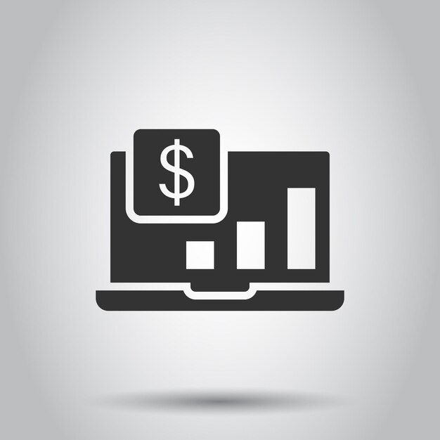 Icono de gráfico de computadora portátil en estilo plano Diagrama de dinero ilustración vectorial sobre fondo blanco aislado Concepto de negocio de proceso financiero