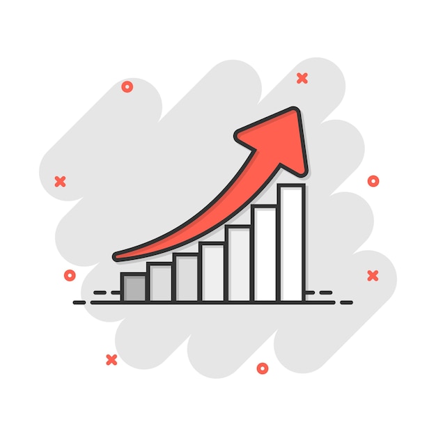 Icono de gráfico de crecimiento de dibujos animados vectoriales en estilo cómico crecer diagrama signo ilustración pictograma aumentar flecha negocio efecto de salpicadura concepto