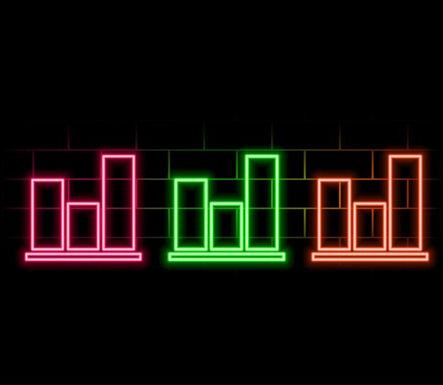 El icono del gráfico de neón hacia arriba Diagrama de crecimiento de neón brillante se registra en el gráfico de barras en colores vívidos