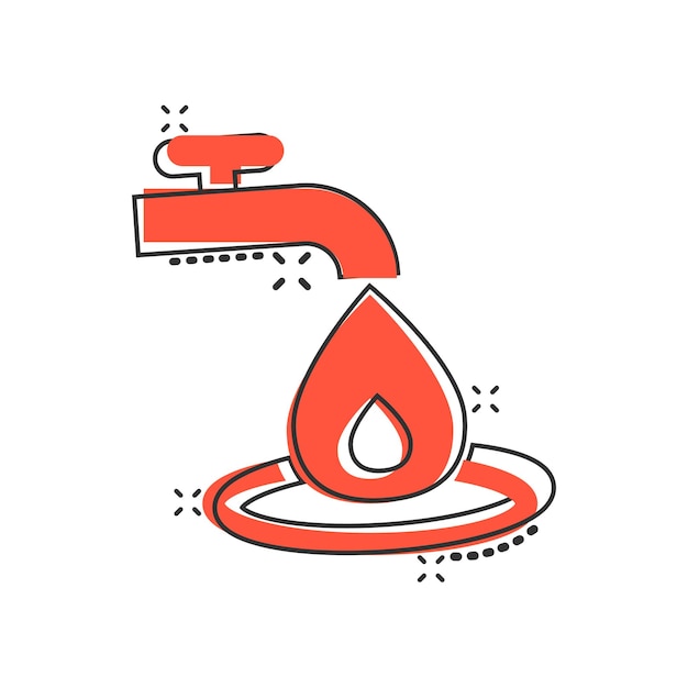 Icono de grifo de agua en estilo cómic ilustración de vector de dibujos animados de gota sobre fondo blanco aislado concepto de negocio de signo de efecto de salpicadura de grifo cayendo