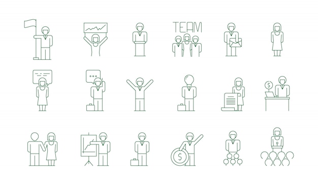 Icono de grupo empresarial. Trabajo de oficina equipo de personas reunión freelance socializador colega comunicaciones vector símbolos delgados aislados