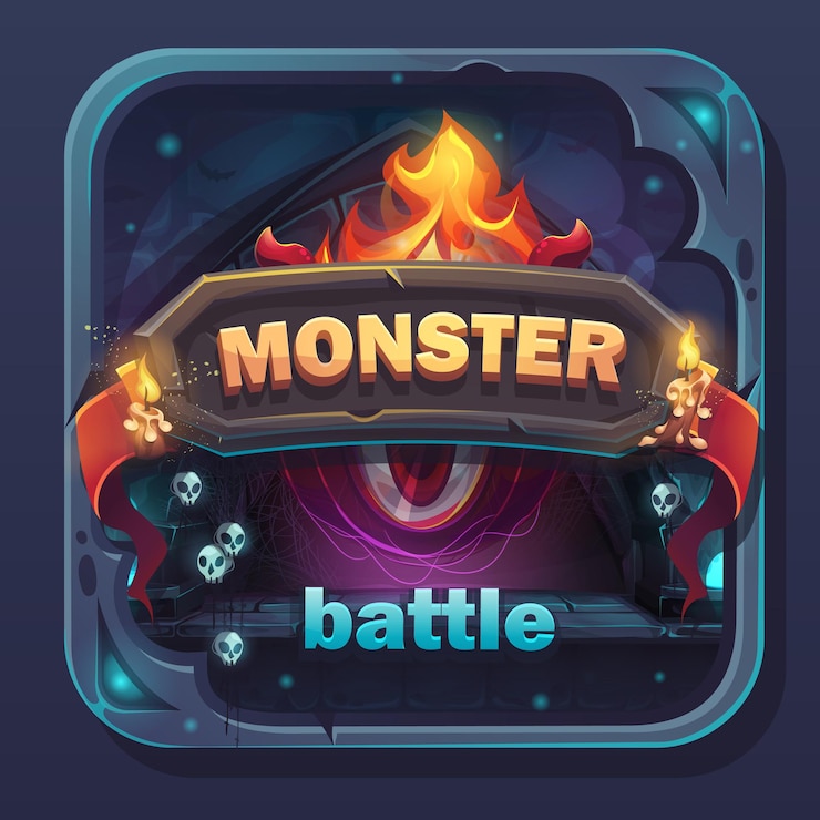 Vector icono de gui de batalla de monstruo - ilustración estilizada de dibujos animados con botón de texto, nombre del juego.