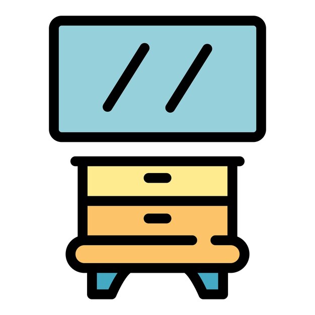 El icono de la habitación de la TV de pared El contorno de la pantalla de la TV del dormitorio El icono vectorial del color es plano y aislado