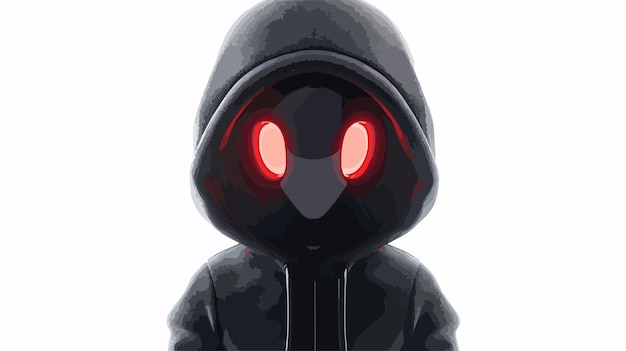 Icono de hacker 3D con capucha negra con ojos rojos y error en la computadora portátil