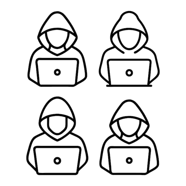 Icono de hacker Una figura encapuchada usando una computadora portátil con un símbolo de cráneo Figuras encapuchadas trabajando en computadoras portátiles