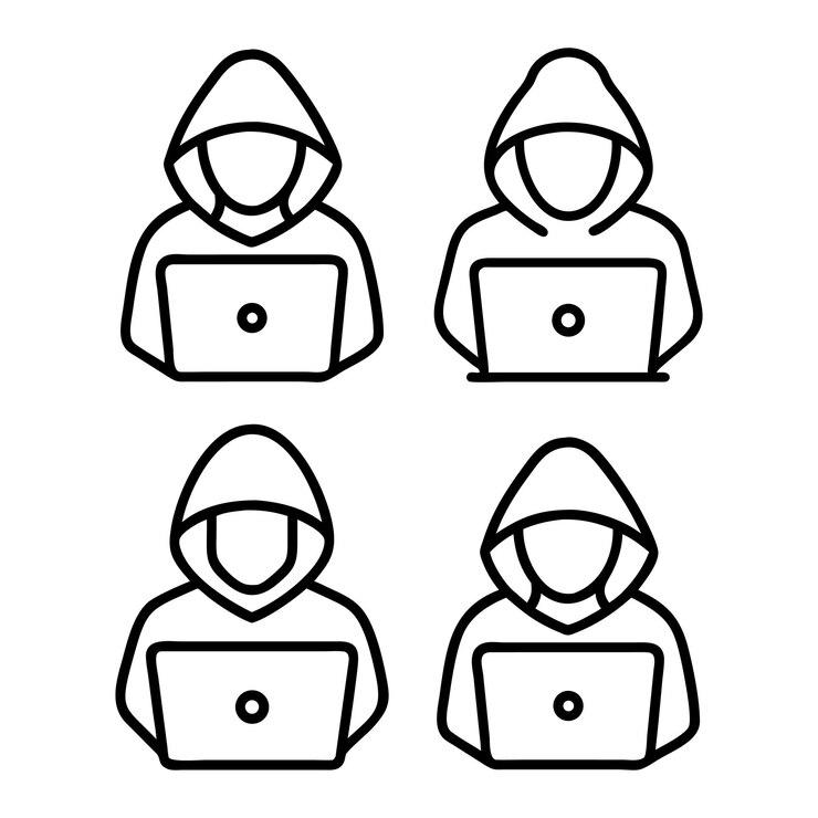 Vector icono de hacker una figura encapuchada usando una computadora portátil con un símbolo de cráneo figuras encapuchadas trabajando en computadoras portátiles