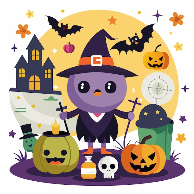 icono de Halloween divertido y festivo con decoraciones de brujas y espeluznantes