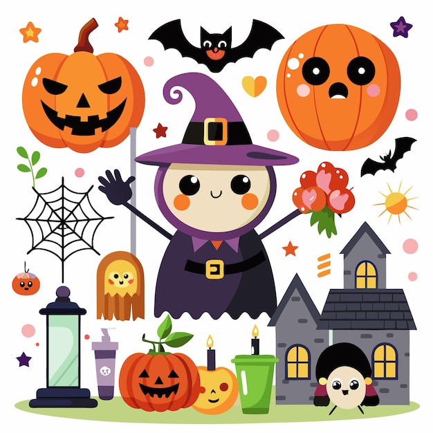 icono de Halloween divertido y festivo con decoraciones de brujas y espeluznantes
