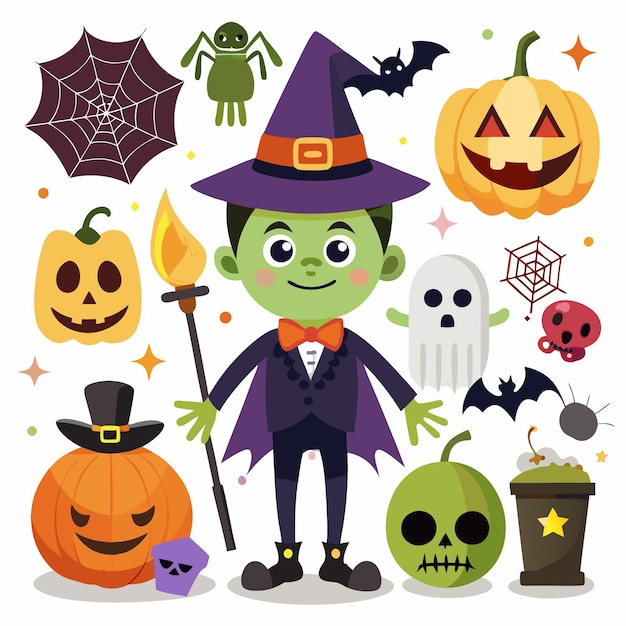 icono de Halloween divertido y festivo con decoraciones de brujas y espeluznantes