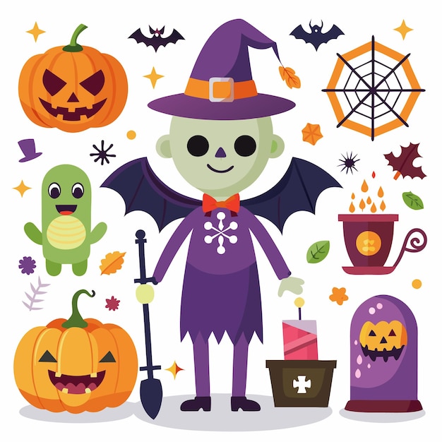 icono de Halloween divertido y festivo con decoraciones de brujas y espeluznantes