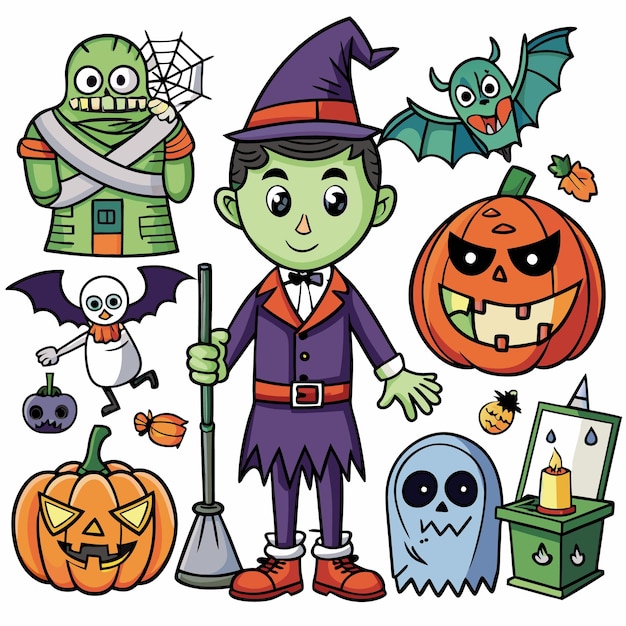 icono de Halloween divertido y festivo con decoraciones de brujas y espeluznantes