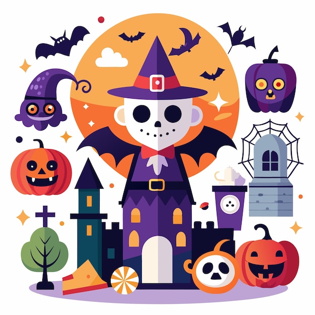 icono de Halloween divertido y festivo con decoraciones de brujas y espeluznantes