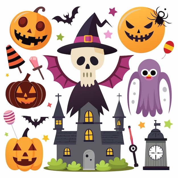 icono de Halloween divertido y festivo con decoraciones de brujas y espeluznantes
