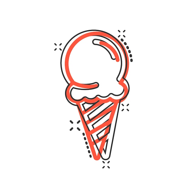 Icono de helado en estilo cómico Ilustración vectorial de dibujos animados de Sundae en fondo blanco aislado Efecto de salpicaduras de postre de sorbetes Concepto de negocio