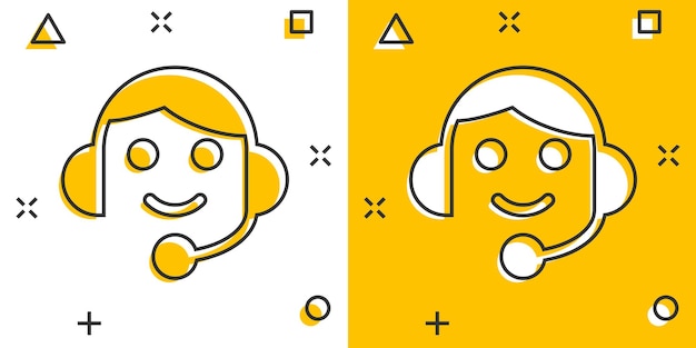 Icono de helpdesk en estilo cómic ilustración de vector de dibujos animados de auriculares sobre fondo blanco aislado concepto de negocio de efecto de salpicadura de operador de chat