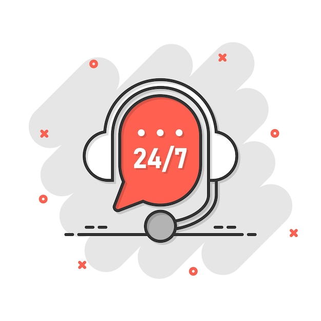 Icono de helpdesk en estilo cómico Ilustración vectorial de dibujos animados de auriculares en fondo blanco aislado Concepto de negocio de efecto salpicaduras del operador de chat
