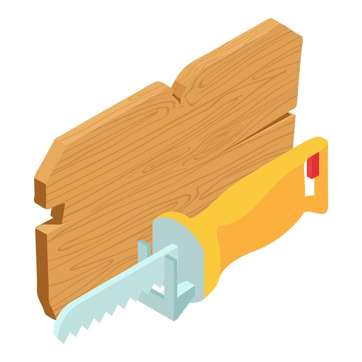 Vector icono de herramienta de mano vector isométrico icono de sierra y tabla de madera de reciprocidad amarilla trabajos de construcción y reparación