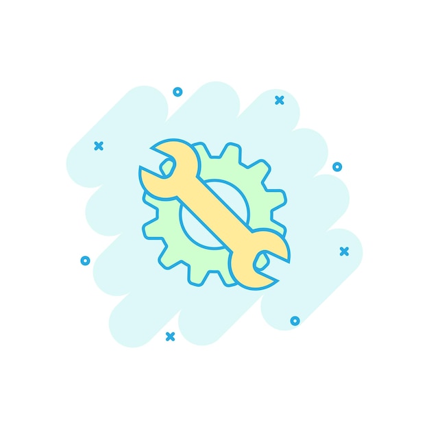 Icono de herramienta de servicio de dibujos animados de vector en estilo cómic Rueda dentada con pictograma de ilustración de signo de llave Concepto de efecto de salpicadura de negocio de taller
