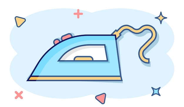 Icono de hierro en estilo cómico Equipo de lavandería Ilustración vectorial de dibujos animados en fondo blanco aislado Concepto de negocio de efecto salpicaduras de planchado