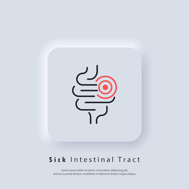 Icono de hinchazón abdominal. Icono de tracto digestivo no saludable. Icono de inflamación intestinal, dolor abdominal, estreñimiento, apendicitis intestinal. Vector. Icono de interfaz de usuario. UI UX neumorfica