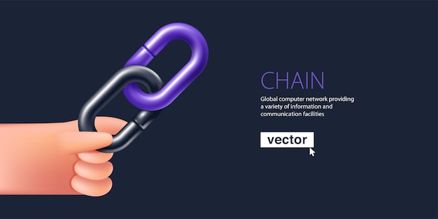 Vector icono de hipervínculo de mano enlaces de cadena en estilo de plástico de dibujos animados 3d render de icono de vector realista