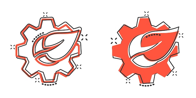 Icono de hoja y engranaje en estilo cómic Cog con ilustración de vector de dibujos animados de planta sobre fondo blanco aislado Concepto de negocio de signo de efecto de salpicadura de máquina ecológica