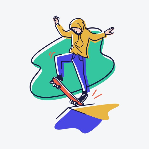 Icono de un hombre está patinando en una posición lista para volar la ilustración de escenas pop de línea