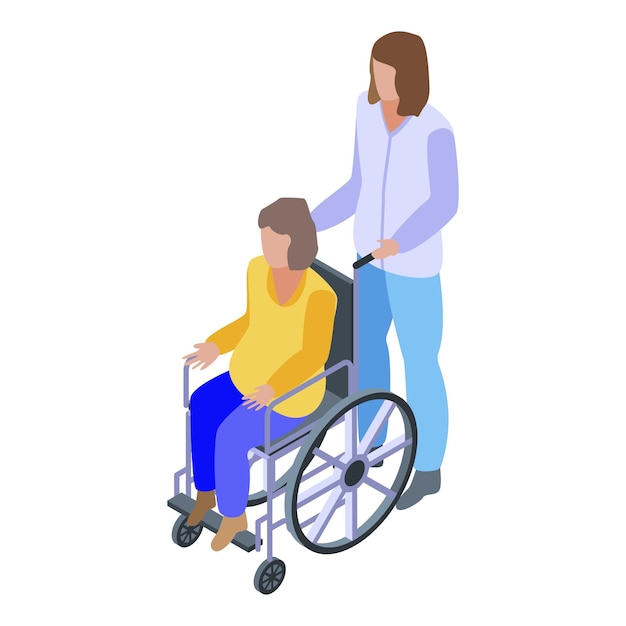 Icono de hombre en silla de ruedas del cuidador isométrico del icono de vector del hombre en silla de ruedas del cuidador para diseño web aislado sobre fondo blanco