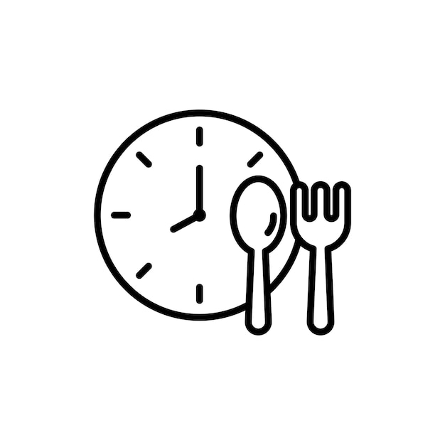 Icono de la hora del almuerzo Establezca el reloj de la hora y el símbolo vectorial de la comida en un estilo de relleno y contorno en negro Signo de fiesta del mediodía