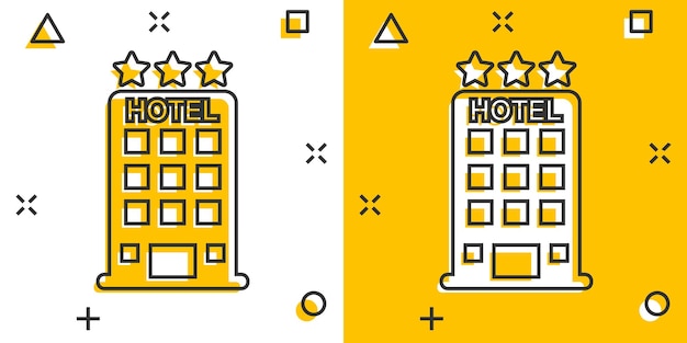 Icono de hotel de dibujos animados de vector en estilo cómico pictograma de ilustración de signo de torre concepto de efecto de salpicadura de negocio de apartamento de hotel