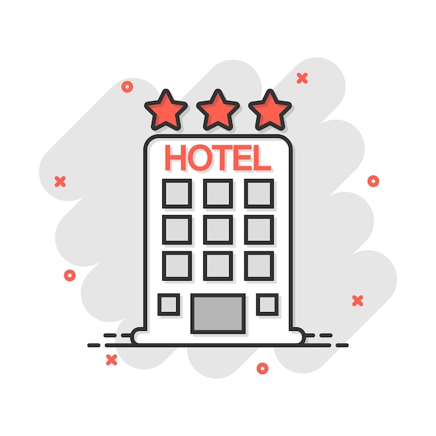 Vector icono de hotel de dibujos animados de vector en estilo cómico pictograma de ilustración de signo de torre concepto de efecto de salpicadura de negocio de apartamento de hotel