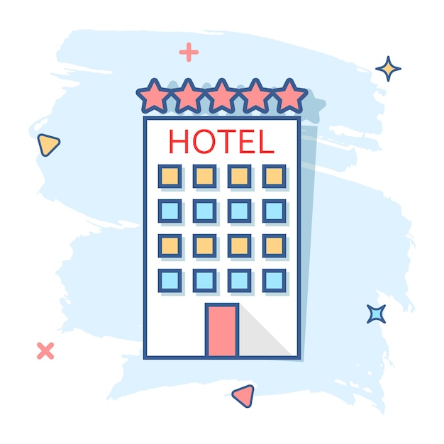 Icono de hotel de dibujos animados vectoriales en estilo cómico Ilustración de letrero de torre Pictograma concepto de efecto de salpicaduras de negocios de apartamentos de hoteles
