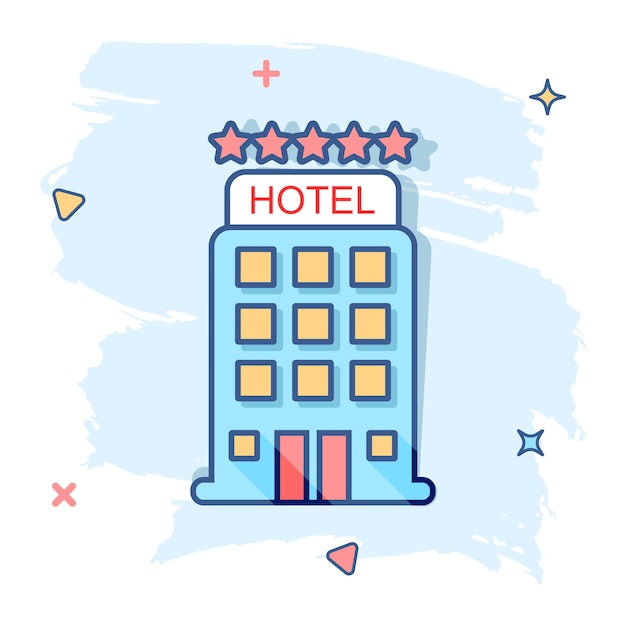 Icono de hotel de dibujos animados vectoriales en estilo cómico Ilustración de letrero de torre Pictograma concepto de efecto de salpicaduras de negocios de apartamentos de hoteles