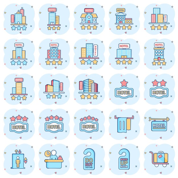 Icono de hotel en estilo cómic Ilustración de vector de dibujos animados de reserva sobre fondo blanco aislado Concepto de negocio de efecto de salpicadura de reserva de vacaciones