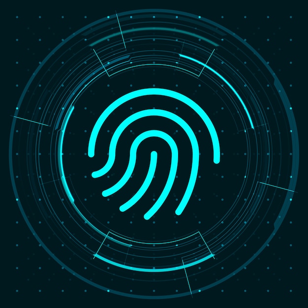 Icono de huella dactilar de luz azul y pantalla digital HUD de círculo en ilustración de fondo oscuro, concepto de tecnología de seguridad cibernética.