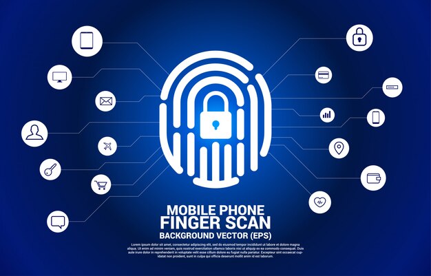 icono de huella digital del polígono de línea de conexión de punto con centro de almohadilla de bloqueo con icono de función