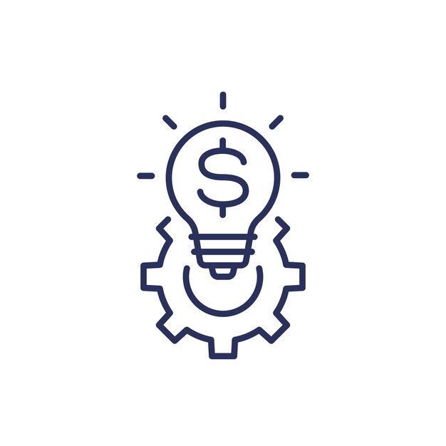 Icono de idea con bombilla y vector de línea de engranajes