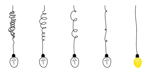Ícono de idea de bombillas de garabatos que simplifica la compleja claridad o ruta de confusión