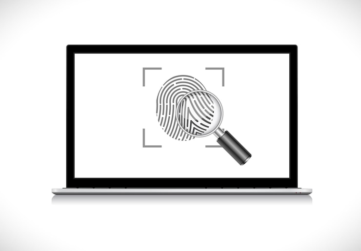 Vector icono de identidad de huellas dactilares con lupa en la pantalla de la computadora portátil