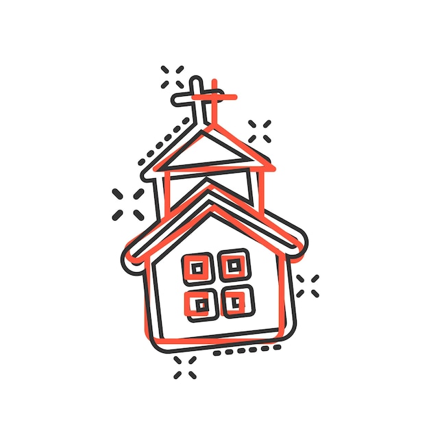 Icono de la iglesia en estilo cómico Ilustración de dibujos animados de vector de capilla sobre fondo blanco aislado Efecto de salpicadura de concepto de negocio de construcción religiosa