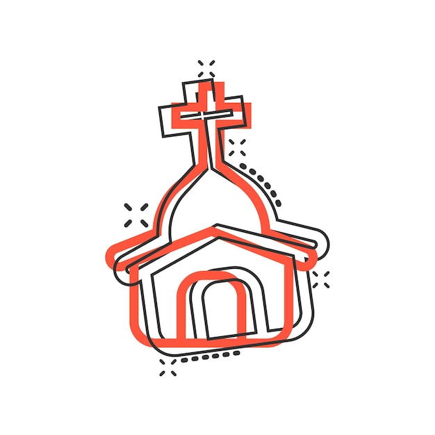 Icono de la iglesia en estilo cómico Ilustración de dibujos animados vectoriales de la capilla en fondo blanco aislado Concepto de negocio de edificio religioso Efecto de salpicadura