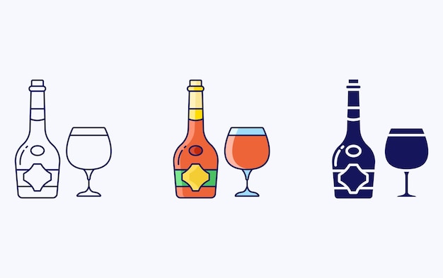 Icono de ilustración de botella y vaso de brandy