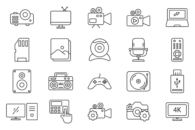 Icono de ilustración de conjunto multimedia relacionado con el estilo de icono de línea de tecnología