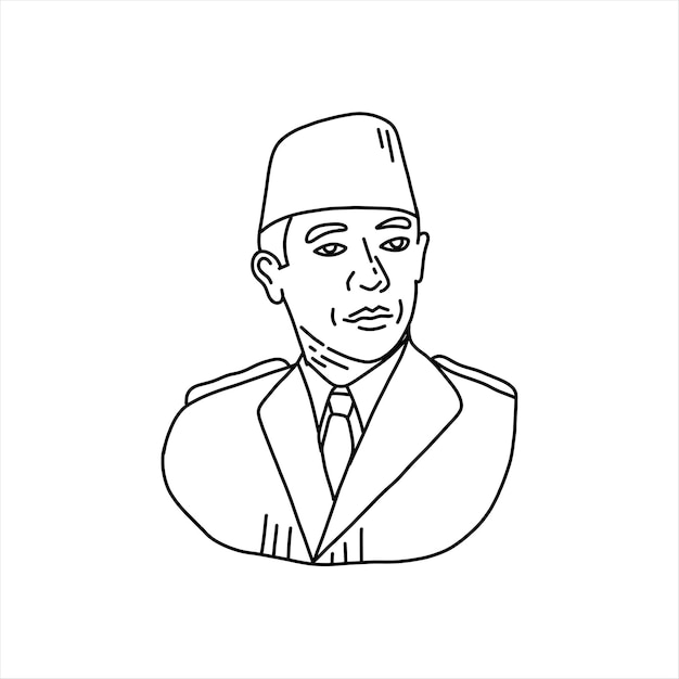 Ícono de ilustración patriota indonesio en línea negra y blanca Ilustración de Soekarno